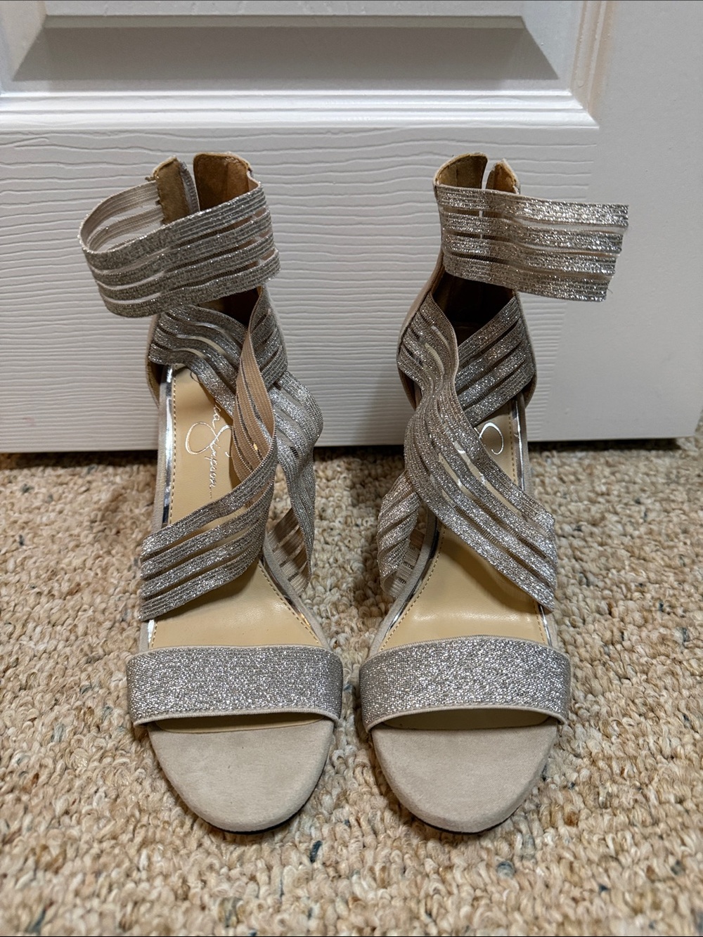 Jessica Simpson Silver Glitter Crisscross Ankle-Strap Heels